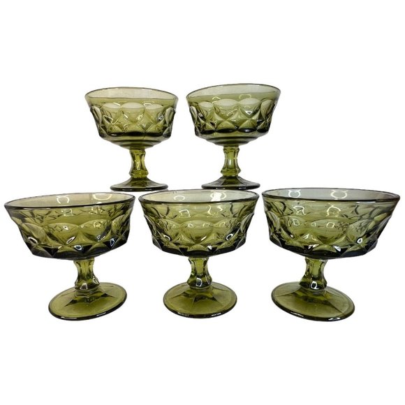 Indiana Glass Other - 5 Indiana Carnival Glass Compote Kings Crown Thumbprint Sherbet Avocado Green